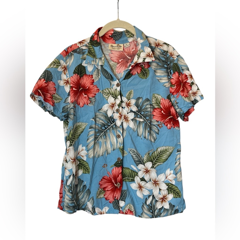 VTG 90's Paradise Bay Hawaiian Shirt Size M Blue Floral Beach Vacay